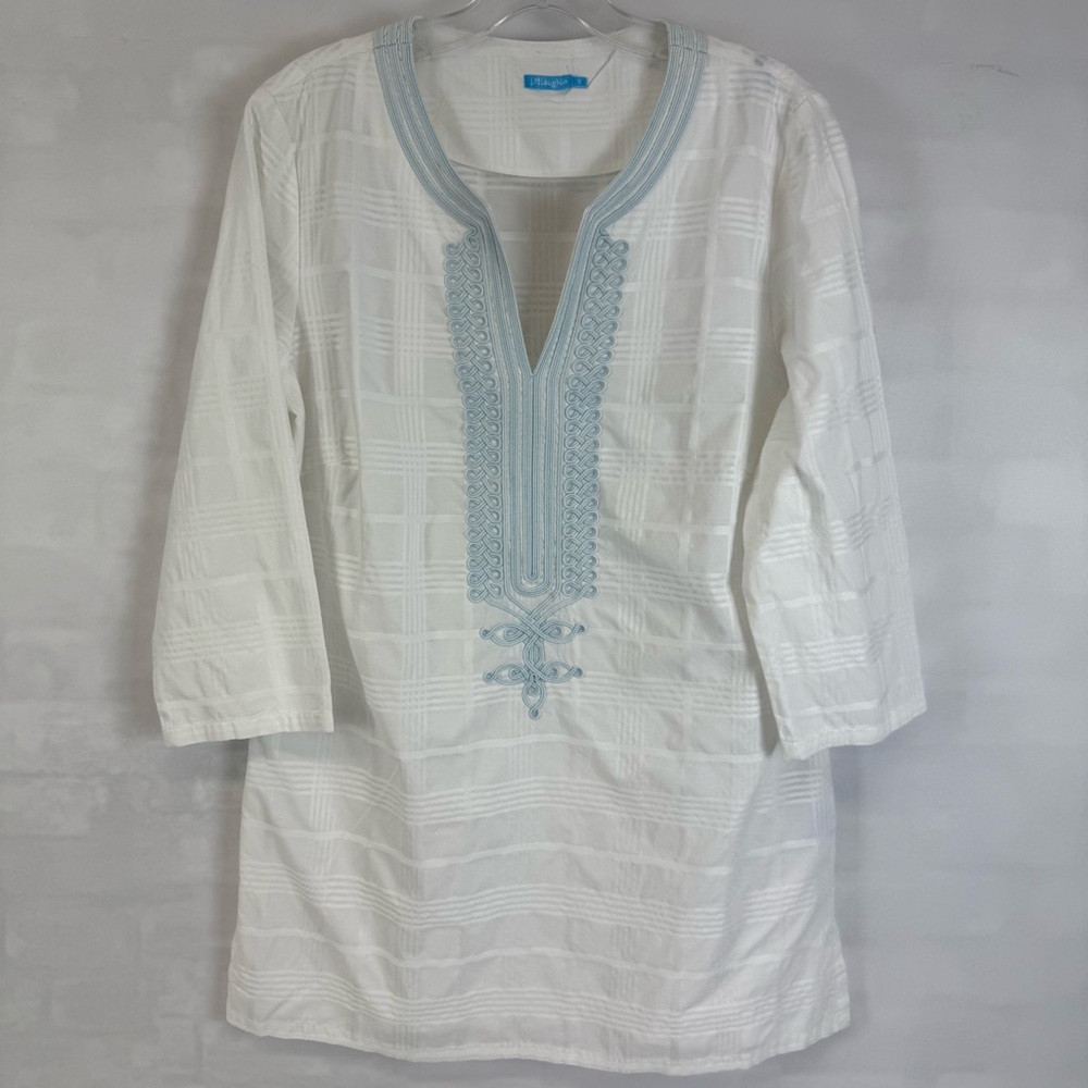 J. McLaughlin Womens Top Tunic 3/4 Sleeve White Blue Size S Cover-Up Resortwear